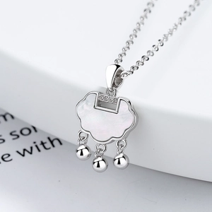 925 silver necklace with white mother-of-pearl Ruyi lock pendant and small silver bells