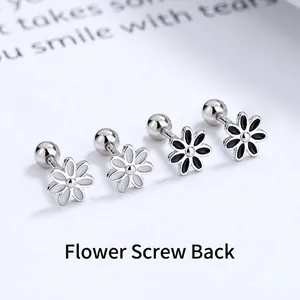S925 Sterling Silver Daisy Sun Flower Stud Earrings For Women Minimalist Black White Enamel Screw Back Ear Bone Piercing Jewelry