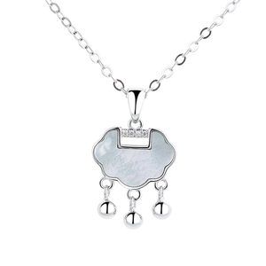 925 silver Ruyi lock necklace with white mother-of-pearl shell and three bell charms