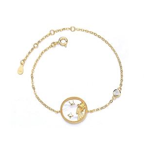Gold 925 sterling silver Aquarius zodiac bracelet with white mother of pearl coin pendant