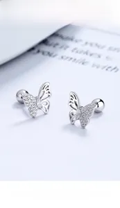 Detailed view of butterfly sterling silver stud earrings with screw-back and cubic zirconia