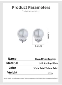 Détail des boucles d'oreilles perles en argent 925 avec zircon et dimensions exactes