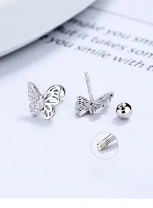 Detail showing S925 sterling silver butterfly stud earring with zircon and screw back closure