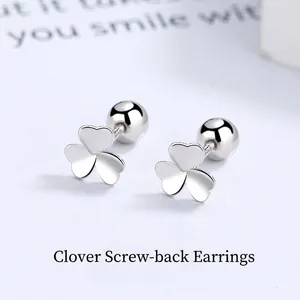 925 Sterling Silver Clover Screw Back Stud Earrings Simple Flower Heart Petal Piercing Jewelry For Women Daily Accessory