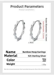 Detailed size specifications for 925 sterling silver bamboo textured hoop earrings