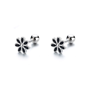 S925 sterling silver sunflower earrings with black enamel petals and screw back studs