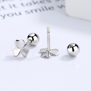 Minimalist S925 sterling silver clover earrings with secure screw-back ball design