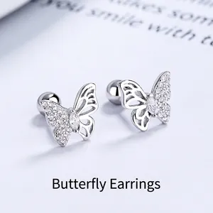 925 Sterling Silver Butterfly Stud Earrings For Women Zirconia Inlaid Simple Elegant Screw Back Korean Fashion Jewelry
