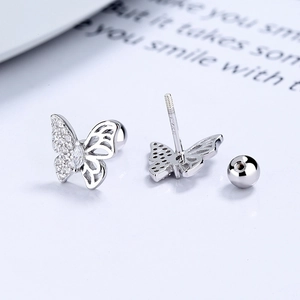 925 Sterling Silver Butterfly Stud Earrings with Sparkling Zircon and Screw Backs