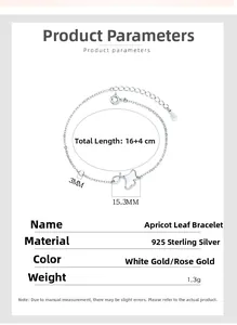 Technical drawing of 925 sterling silver ginkgo leaf bracelet with detailed measurements