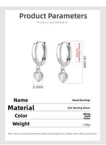 Detailed size chart of S925 sterling silver heart earrings with pink cat's eye stone