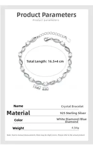 S925 sterling silver crystal bracelet detailing 16.5+4cm length and 4.94g weight