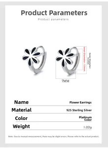 Dimensions détaillées des boucles d'oreilles fleurs en argent 925 avec émail noir