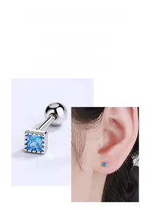 Macro shot of square blue zircon earring with secure S925 silver screw ball back