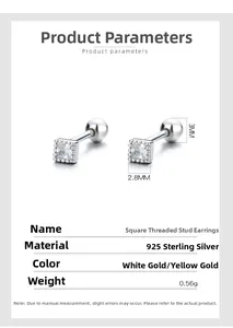 Detail showing 925 sterling silver square zircon stud dimensions 2.8mm by 3mm