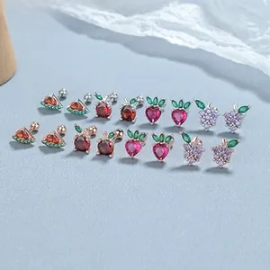 Detailed view of 925 silver fruit stud earrings featuring colorful zircon and screw backs