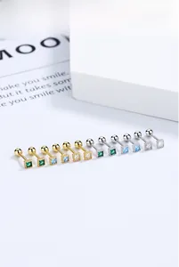 Detailed close-up of square zircon stud earrings with screw-back design and multiple colors