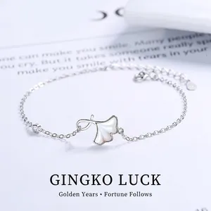 925 Sterling Silver Ginkgo Leaf Bracelet Mother Of Artificial Pearl Inlaid Zircon Dainty Adjustable Chain Bracelet For Women