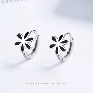 Minimalist 925 sterling silver hoop earrings with black enamel flower charms for women
