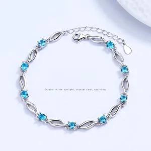 Elegant 925 Sterling Silver Blue Rhinestone Bracelet For Women Minimalist Wave Hollow Design Inlaid Jewelry Adjust Length Gift