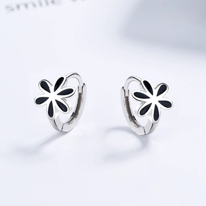 Créoles minimalistes en argent sterling 925 avec fleurs en émail noir pour femmes