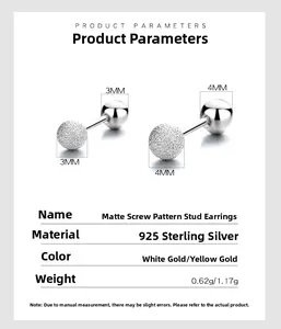 Detail showing 925 sterling silver frosted screw stud earrings in silver and gold tones