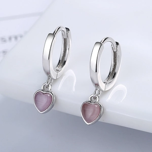 S925 sterling silver hoop earrings with pink heart cat eye stone pendants for women
