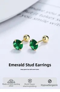 Macro view of 925 sterling silver emerald zircon stud earrings with gold plating