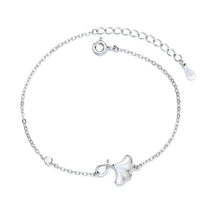 Elegant S925 sterling silver ginkgo leaf bracelet with white mother of pearl and crystal