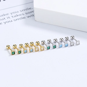 Minimalist square zircon stud earrings in gold and silver finish with screw backs