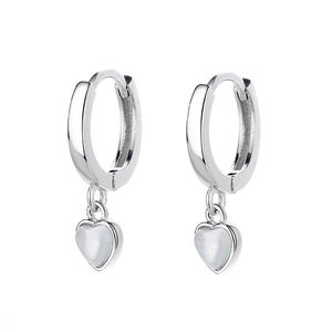 Minimalist S925 sterling silver hoop earrings with heart-shaped pink cat-eye stone charms