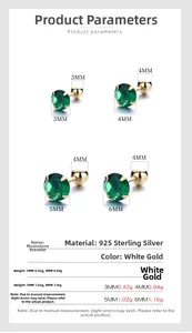 Specifications of 925 sterling silver emerald zircon stud earrings in 3mm to 6mm sizes