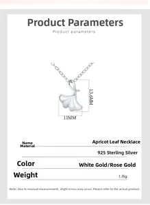 Détails macro du pendentif feuille de ginkgo en argent 925 avec nacre et dimensions