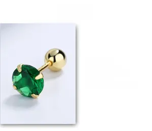 Detail of four-prong emerald green zircon screw back earring in gold plated silver