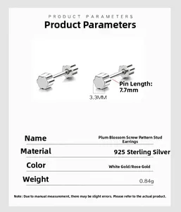 Detailed size parameters of 925 sterling silver plum blossom stud earrings with screw back
