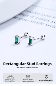 Macro view of S925 sterling silver rectangular emerald stud with screw back closure