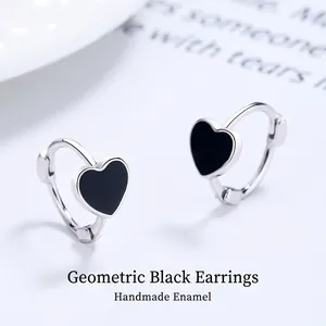 Boucles d'Oreilles Créoles Géométriques en Argent Sterling 925 Émail Noir pour Femmes Boucles d'Oreilles Minimalistes Cœur Étoile Rond Rectangulaire