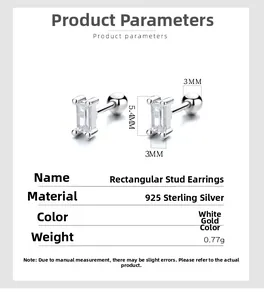 Detailed specs of rectangle 925 sterling silver stud earrings with zircon and screw back