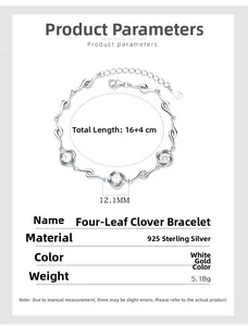 Macro view of S925 sterling silver four-leaf clover bracelet with 16+4cm chain detail
