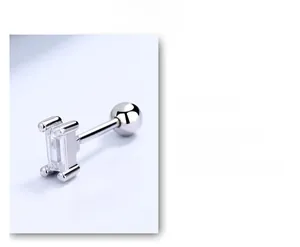 Detailed view of 925 sterling silver rectangular emerald stud with screw ball back