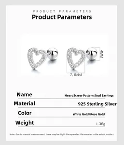 Macro detail of 925 sterling silver heart screw stud earrings with 7.1mm size dimensions