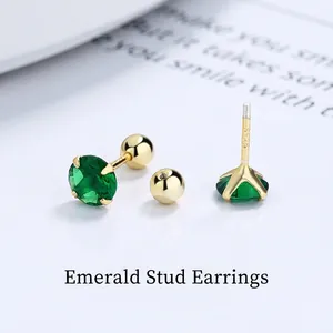 925 Sterling Silver Emerald Green Rhinestone Stud Earrings For Women Simple Four-Prong Zirconia Screw Back Stud Jewelry