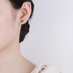 Minimalist 925 silver emerald stud earrings with four-prong round cubic zirconia