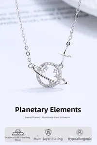 Detailed close-up of 925 silver planet necklace with pave zircon and star charm