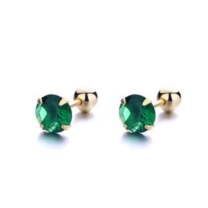 Elegant 925 silver four-prong emerald zircon stud earrings with gold screw back closure