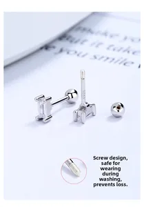 Detailed macro view of S925 sterling silver screw-back stud with rectangular zircon