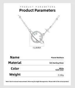 Detail of 925 sterling silver hollow planet pendant with star and dimensions info