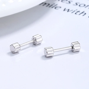 Minimalist 925 sterling silver barbell stud earrings with vertical texture and screw backs