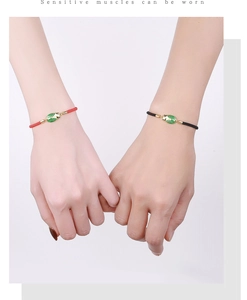 Detail of red and black woven couple bracelets with green cicada pendants for good luck