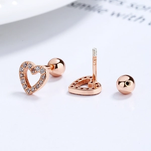 S925 sterling silver hollow heart stud earrings in rose gold with zircon accents
